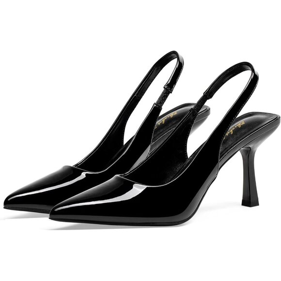 Women Black Patent Satin Pointed Closed Toe Slingback Mid Heels Stiletto Pumps - Picture 1 of 9